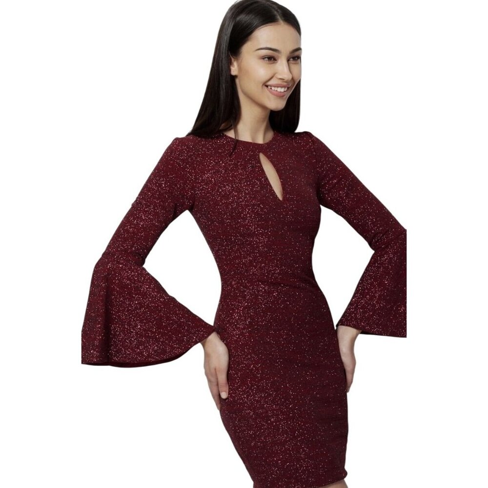 JVN Homecoming Prom Retro 70's Glam Y2K Bell Sleeve Glitter Dress Burgundy XS